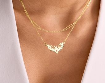 14K Solid Gold Bat Wings Necklace - Dainty Bat Charm Necklace - Bat Necklace Gold, Halloween Bat Pendant, Halloween Bat Jewelry Gift for Her