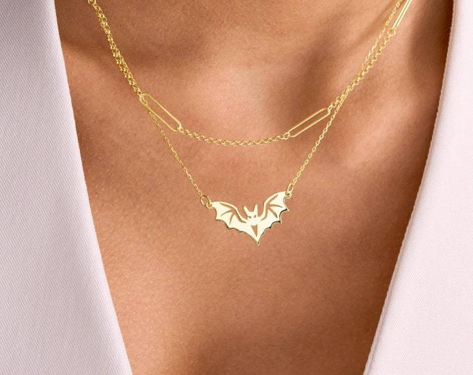 14K Solid Gold Bat Wings Necklace - Dainty Bat Charm Necklace - Bat Necklace Gold, Halloween Bat Pendant, Halloween Bat Jewelry Gift for Her