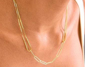 Gold Box Chain Necklace Center Paperclip Chain, Dainty Paperclip Necklace, 925 Silver Double Box Chain, Delicate Everyday Necklace for Women