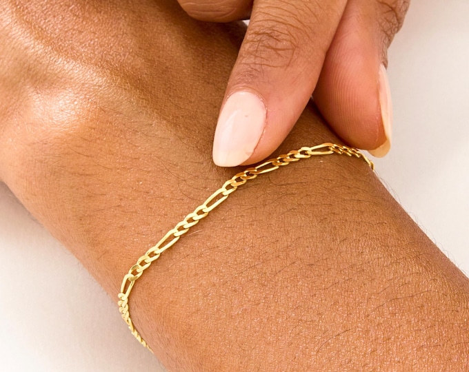 14K Gold Figaro Chain Bracelet – Dainty Minimalist Jewelry, Perfect Gift for Her, Everyday Gold Bracelet, 925 Sterling Silver Bracelet