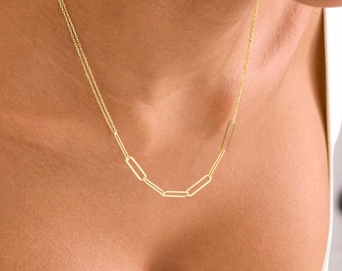 Gold Cable Link Chain Necklace with Paperclip Chain, Double Cable Chain 925 Silver, Paperclip Necklace for Women, Thin Gold Chain Necklace