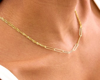 Layered Twist Chain Necklace with Paperclip Chain, Twist Chain, Rope Chain, Paperclip Necklace, Thin Gold Chain, Everyday Necklace for Women