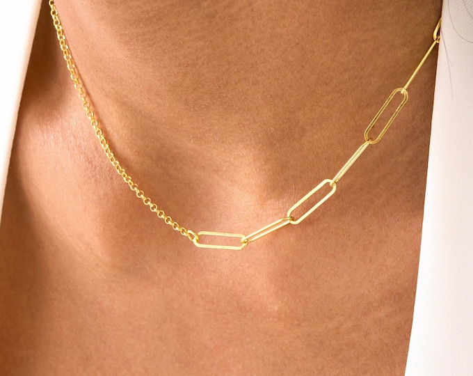 Gold Half Paperclip and Half Rolo Chain Necklace, Rolo Chain Silver Necklace, Rolo Link Chain, Paperclip Chain, Thin Chain Necklace for Her