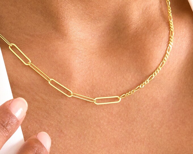Half Paperclip Chain and Half Figaro Chain Necklace, Silver Figaro Chain, Paper Clip Necklace, Delicate Chain Necklace, Thin Gold Chain