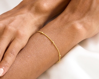 925 Silver Beaded Thin Curb Chain Bracelet, Satellite Ball Chain Bracelet, Gold Bead Chain, Thin Gold Chain, Everyday Bracelets for Women