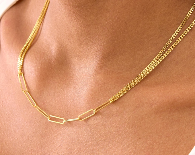 Thin Gold Cuban Chain, Dainty Paperclip Necklace Gold, Paperclip Chain, Thick Curb Chain, Layered Curb Necklace, Paper Link Chain for Women