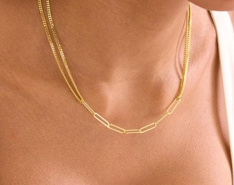 925 Silver Double Curb Chain Necklace with Paperclip Chain, Gold Paperclip Necklace, Dainty Curb Chain, Layering Chain Necklace for Women