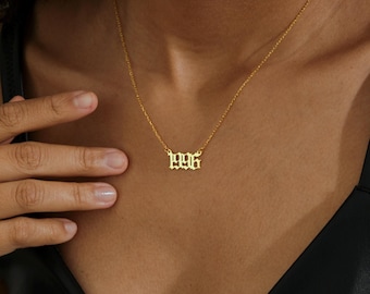 14K Solid Gold Year Necklace, Old English Birth Year Necklace, Gothic Number Necklace, Personalized Birthday Gift, Anniversary Gift for Wife