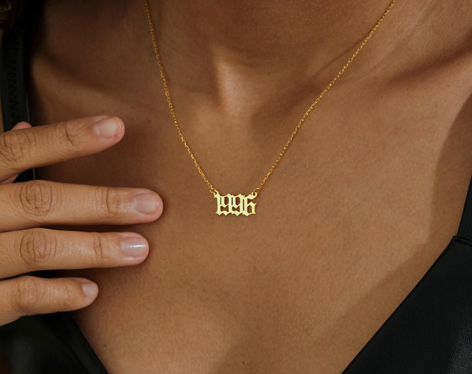 14K Solid Gold Year Necklace, Old English Birth Year Necklace, Gothic Number Necklace, Personalized Birthday Gift, Anniversary Gift for Wife
