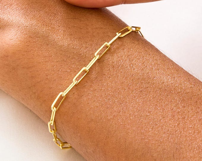 14K Gold Paperclip Chain Bracelet for Women, Dainty Link Bracelet, Gold Vermeil Minimalist Jewelry, Everyday Chain Bracelet Gift for Her