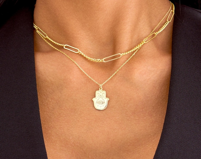 Gold Hamsa Evil Eye Necklace, Evil Eye Pendant 925 Silver, Protective Eye Necklace, Lucky Evil Eye Charm, Hamsa Hand Jewelry, Hamsa Necklace