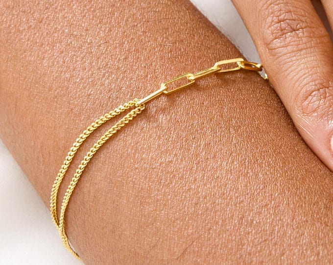 Double Chain Bracelet • 14K Gold Chain Bracelet • Paperclip, Curb Chain • Minimalist Layered Jewelry • Gift for Her, Everyday Bracelet