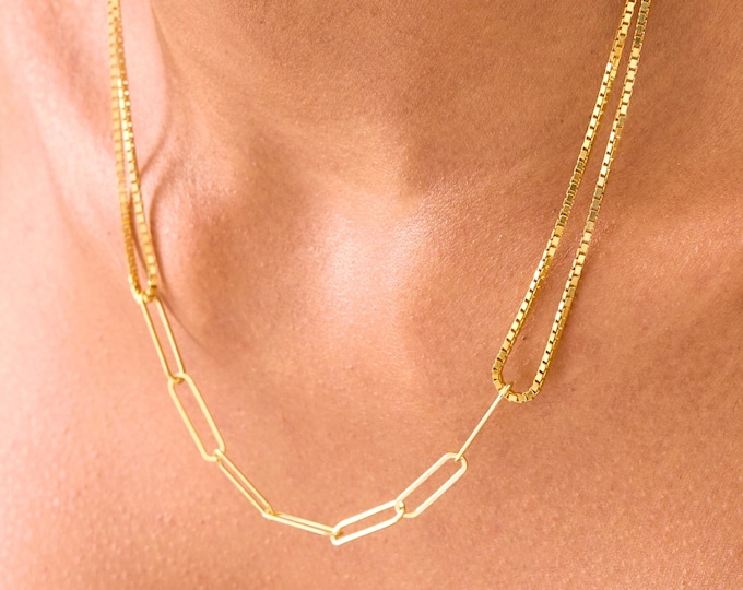 925 Silver Double Box Chain Necklace with Paperclip Chain, Gold Paperclip Necklace, Layered Box Chain, Delicate Paper Clip Chain, Box Chain