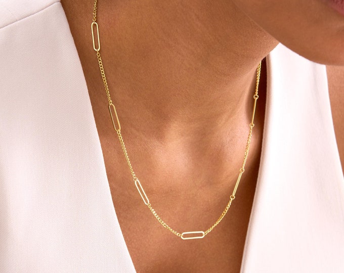 925 Silver Satellite Paperclip Chain Necklace with Curb Chain, Paperclip Necklace, Gold Curb Necklace, Layered Everyday Necklaces for Women