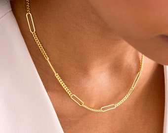 Thick Gold Curb Paperclip Chain Necklace for Women, Paper Clip Necklace, Chunky Curb Chain, Satellite Link Chain, Simple Gold Chain Necklace