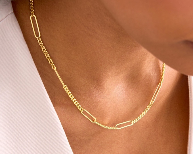 Thick Gold Curb Paperclip Chain Necklace for Women, Paper Clip Necklace, Chunky Curb Chain, Satellite Link Chain, Simple Gold Chain Necklace