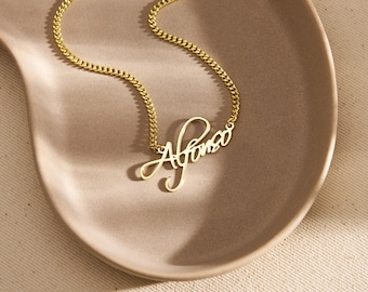 Custom Dainty Name Necklace with Curb Chain, Curb Chain Necklace with Name, Name Plate Necklace, Cuban Chain Necklace, Birthday Gift for Mom