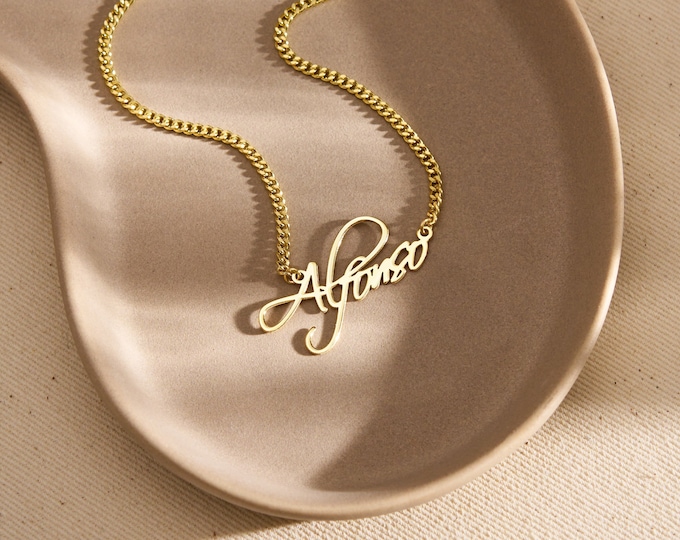 Custom Dainty Name Necklace with Curb Chain, Curb Chain Necklace with Name, Name Plate Necklace, Cuban Chain Necklace, Birthday Gift for Mom
