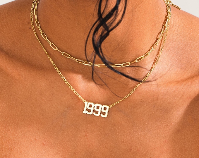 14K Gold Custom Year Necklace, Anniversary Gift by Year, Personalized Birth Year Necklace, Date Necklace, Gold Number Necklace, Gift for Her