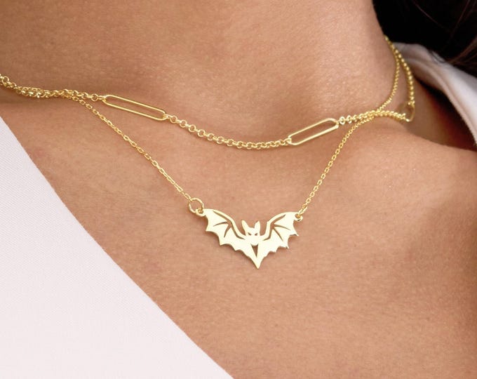 Bat Pendant Necklace - Gothic Minimalist Vampire Bat Jewelry - 14K Gold Vermeil over 925 Sterling Silver - Halloween Necklace Gift for Her