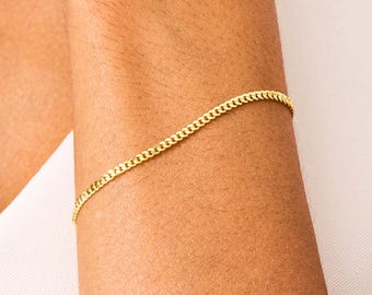 Gold Curb Chain Bracelet • 14K Gold Vermeil Flat Link Bracelet for Women • Dainty Minimalist Everyday Jewelry • Layering Gift Bracelet Her