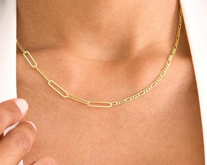 Paperclip Figaro Chain Necklace, 14k Gold Asymmetrical Mixed Link Choker, Minimalist Layered Chain Necklace, Gift for Her, Everyday Style