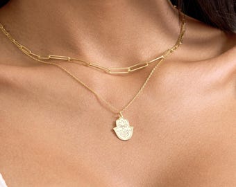Hamsa Hand Pendant Necklace - 14K Gold Vermeil Dainty Protective Necklace - Boho Spiritual Jewelry Gift for Women - Evil Eye Charm for Her