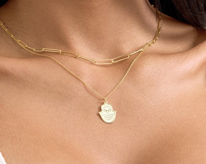 Hamsa Hand Pendant Necklace - 14K Gold Vermeil Dainty Protective Necklace - Boho Spiritual Jewelry Gift for Women - Evil Eye Charm for Her