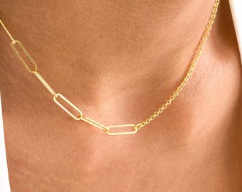 14K Gold Asymmetrical Paperclip Cable Chain Necklace – Dainty Mixed Link Gold Chain Choker – Modern Minimalist Necklace for Everyday Wear