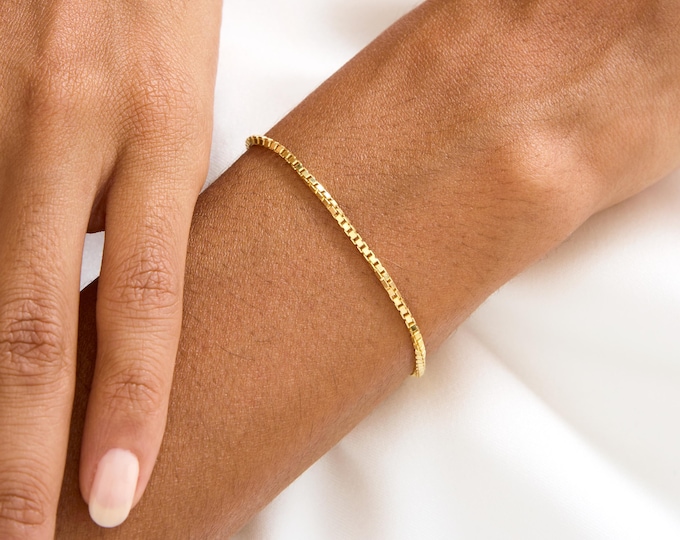 Gold Box Chain Bracelet, Delicate Box Chain 925 Silver, Dainty Everyday Bracelets for Women, Birthday Gifts for Kids, Christmas Gift for Mom