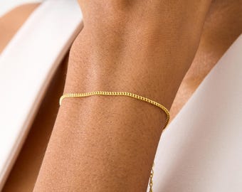 Thin Gold Curb Chain Bracelet for Women, Men or Kids | Dainty Curb Chain, Delicate Curb Bracelet | Simple Gold Bracelet, Minimalist Bracelet
