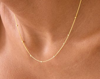 Satellite Chain Necklace, 14K Gold Vermeil Dainty Bead Necklace for Women, Minimalist Everyday Jewelry Gift for Her, Birthday Gift for Mom