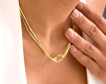 Gold Love Knot Necklace for Women, Dainty Double Herringbone Chain Knot Necklace, Snake Chain Knot Necklace, Love Knot Pendant, Gift for Her