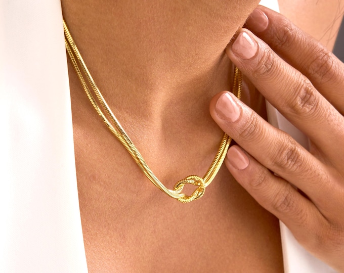 Gold Love Knot Necklace for Women, Dainty Double Herringbone Chain Knot Necklace, Snake Chain Knot Necklace, Love Knot Pendant, Gift for Her