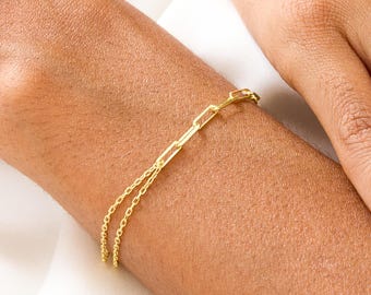14K Gold Double Layer Chain Bracelet for Women, Dainty Paperclip and Cable Chain Layered Bracelet, Minimalist Stacking Jewelry Gift for Her