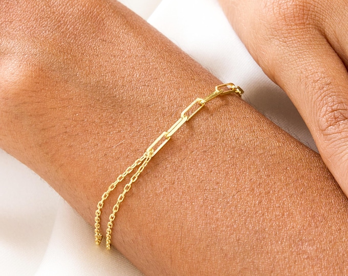 14K Gold Double Layer Chain Bracelet for Women, Dainty Paperclip and Cable Chain Layered Bracelet, Minimalist Stacking Jewelry Gift for Her