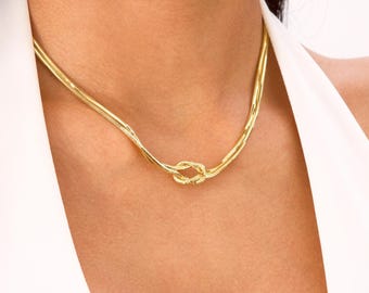 14k Gold Vermeil Love Knot Necklace, Double Herringbone Chain Necklace, Statement Choker for Women, Elegant Gift Jewelry, Anniversary Gift