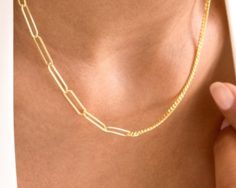 Asymmetrical Paperclip and Curb Chain Necklace – Paperclip Necklace – 14K Gold Vermeil on 925 Sterling Silver – Dainty Adjustable Choker