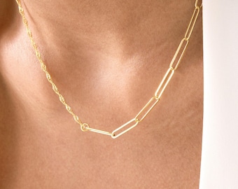 Dual Chain Gold Necklace – Paperclip & Twisted Rope Chain – 14K Gold Minimalist Layering Necklace for Mom – Everyday Jewelry Gift for Her