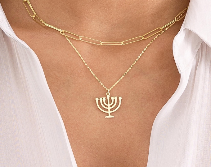 Gold Menorah Pendant Necklace for Women - Jewish Symbol Necklace in 14K Gold Vermeil - Hanukkah Gift - Hebrew Jewelry - Judaica Necklace