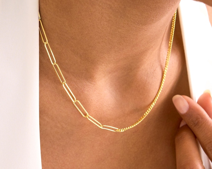Paperclip Chain and Curb Chain Necklace, 925 Silver Half Chain Necklace, Paperclip Necklace, Curb Necklace, Everyday Necklaces for Women