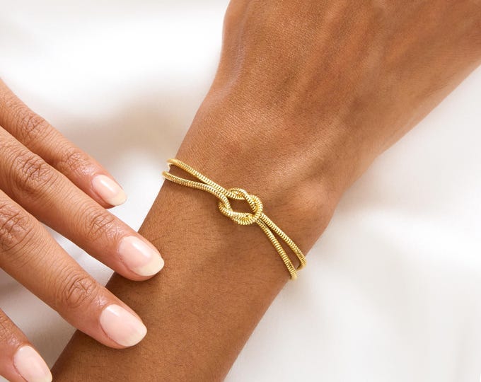 Gold Tie the Knot Bracelet for Women, Dainty Love Knot Bracelet, Double Snake Chain Knot Bracelet, Birthday Gift for Her, Anniversary Gifts
