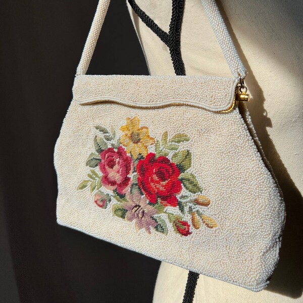 Vintage micro beaded purse with floral tapestry embroidery handmade pearl beads excellent condition satin interior cottage core flowers
