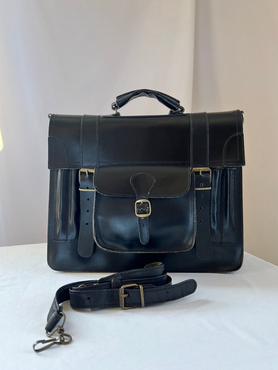 Rare 1980s gothic black leather messenger bag bel… - image 1