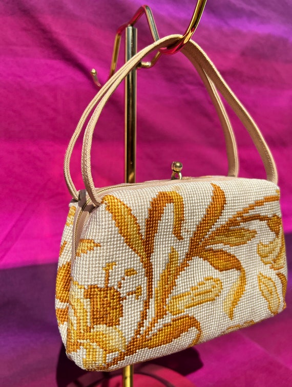 1950s Bright Orange Tapestry Purse with Top Dandl… - image 8