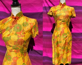 1970s Bright Orange Midi Dress | floral pattern | cheongsam inspired | petite size | handmade w unique front closure | breathable cotton