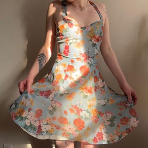 Vintage Y2K Alyn Paige Dress - Floral Criss Cross Halter Sundress - Blue Fit and Flare Garden Party Summer Dress