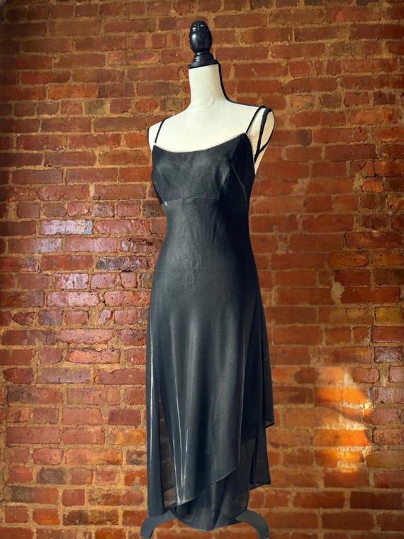 Vintage Y2k Black Cocktail Dress: Rhinestone Trim Asymmetrical Hem, Scarf (Nwt)