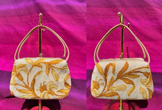 1950s Bright Orange Tapestry Purse with Top Dandl… - image 1