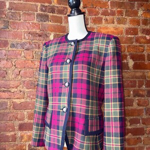 Vintage Kasper Plaid Structured Blazer, Wool Rayon, Size 8, Asymmetric Hem, Tartan Jacket